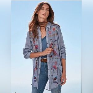 Johnny Was Workshop Lucy Painters Smock Embroidered Blue Tunic Top, Size S